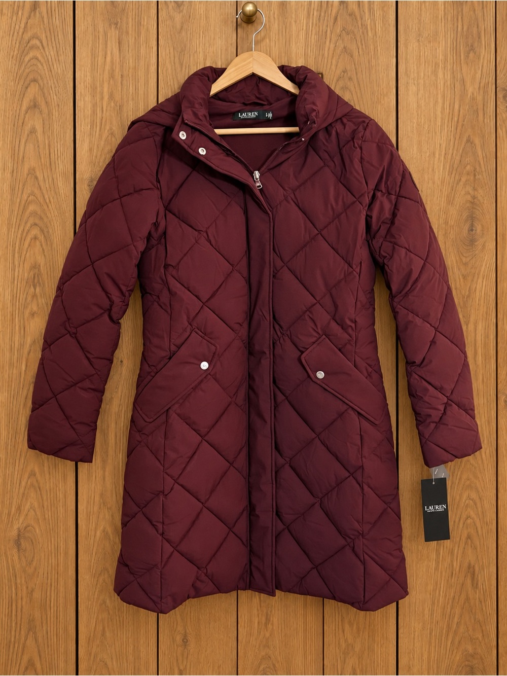 NWT Ralph Lauren Burgundy Quilted Hooded Long Puffer Coat M & S